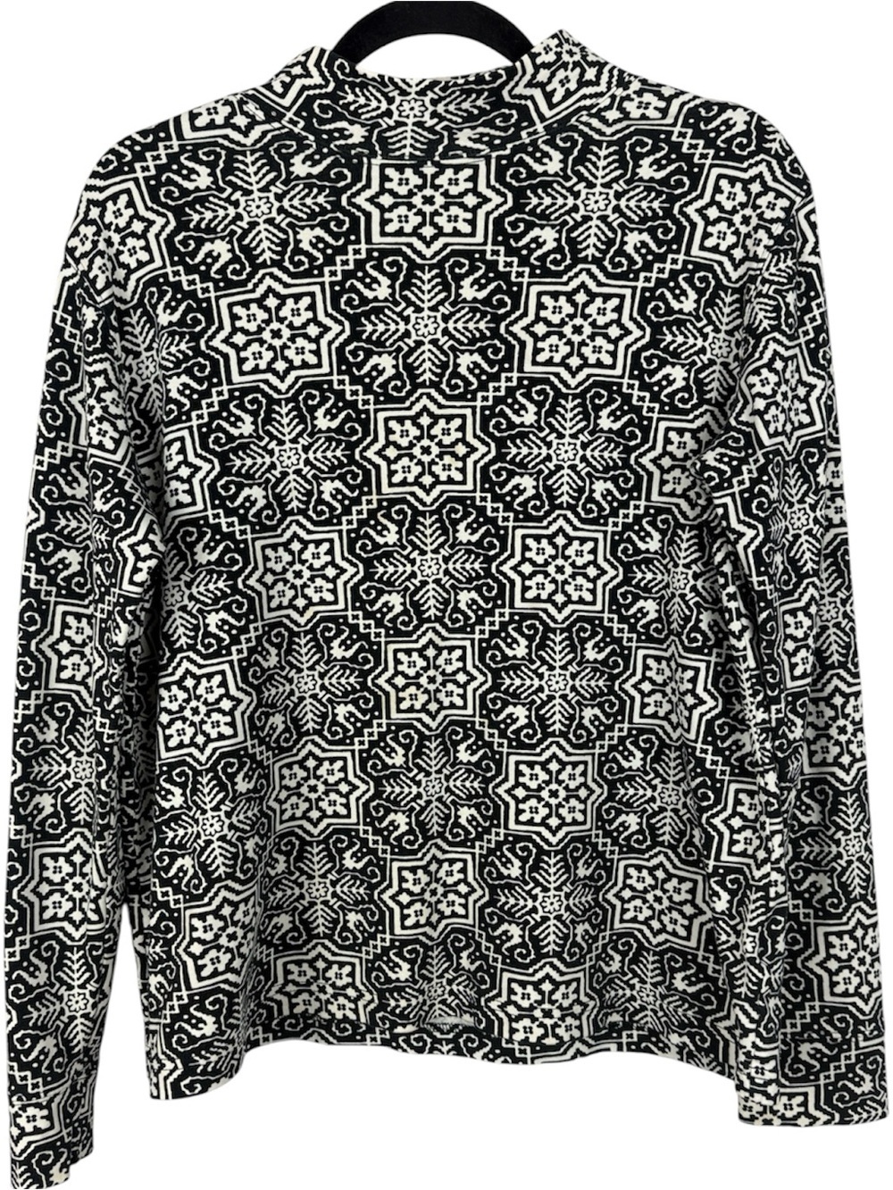 Lands' End Cotton Black White Geometric Mock Neck Long Sleeve Top - Size M